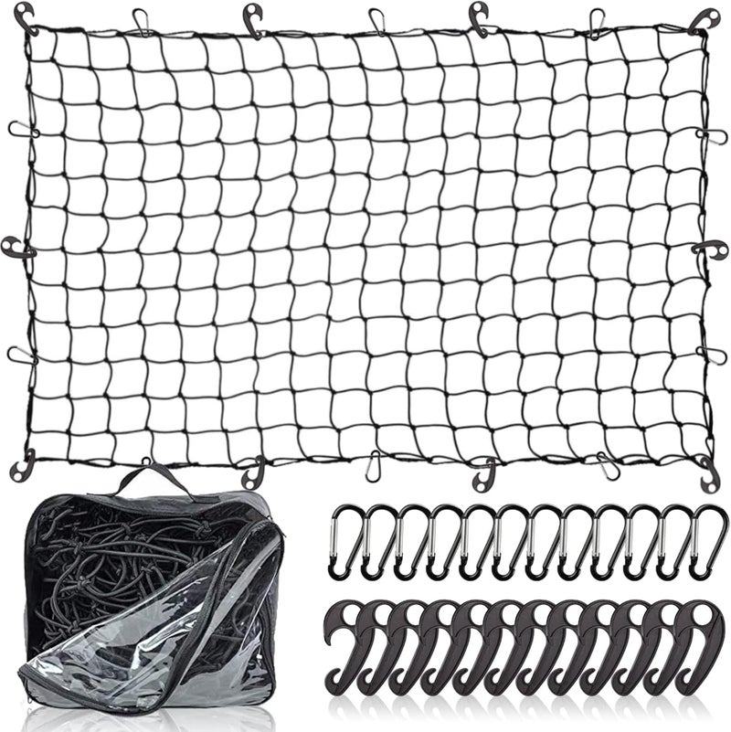 ZOZOE Natural Latex Core Super Duty Cargo Net for Pickup Truck Bed 4'x6' Stretches to 8'x12' | 12 Carabiners + 12 Hooks | Small Tight 4”x4” Mesh Bungee Net for Ford, Dodge, Chevy, Toyota, GMC - Image 1